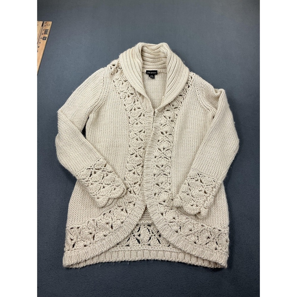 Lane Bryant Cardigan Sweater‎ Womens 14/16 White Crochet Knit Shawl Collar Open